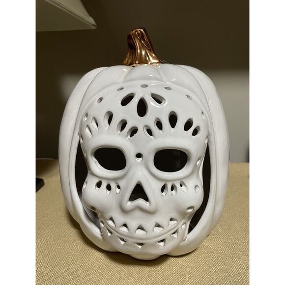 Halloween White Ceramic Lighted 11” Tall Sugar Skull Pumpkin Decoration - Picture 3 of 8